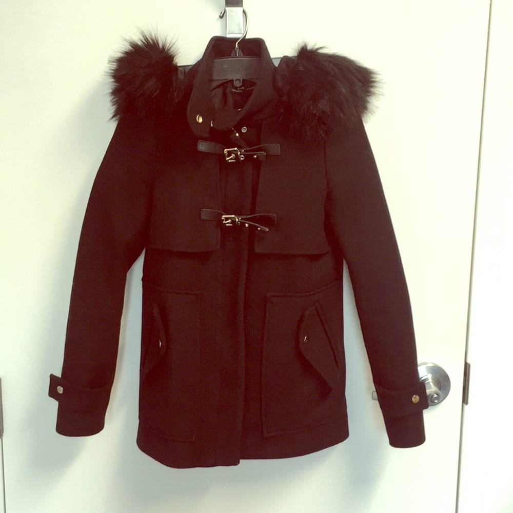 Black Zara Coat with Faux Fur Hood